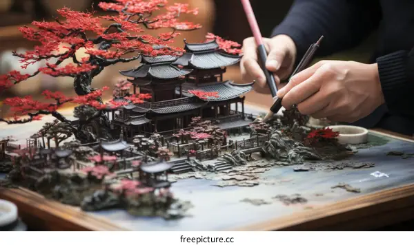 A craftsman is carefully painting a miniature Chinese courtyard house with red maple trees