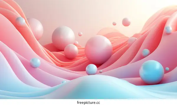 Abstract Pastel Pink and Blue Waves with Geometric 3D Spheres