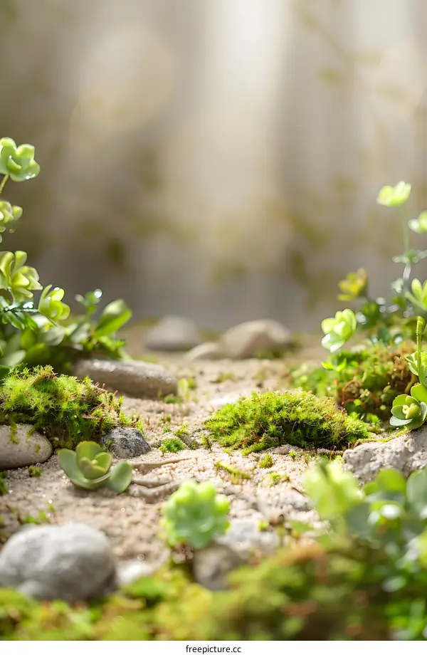 Green Moss and Rocks on a Sandy Surface