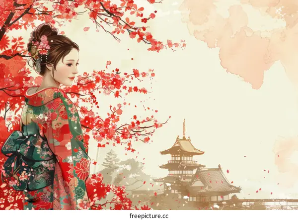 A beautiful Japanese woman in a kimono stands under a cherry blossom tree.