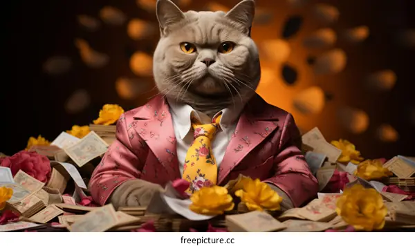 British shorthair cat wearing suit and tie sits on pile of money