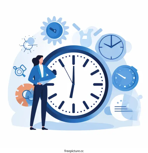 Businesswoman Standing Next to a Clock surrounded by Gears and Cogs