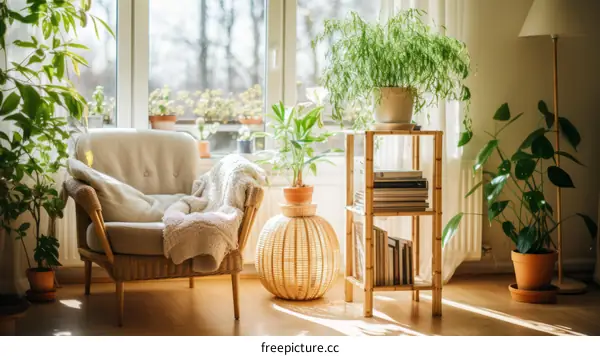 Indoor plants in living room with large windows