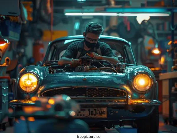 A mechanic wearing a mask works on a classic car in a garage
