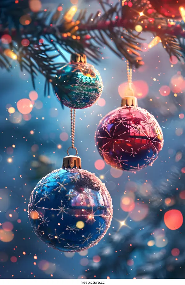 Christmas ornaments hanging on a fir tree branch with blurred lights in the background