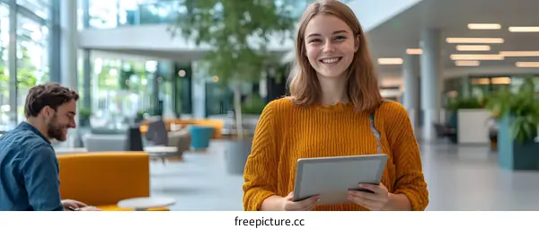 Smiling Woman with Tablet in Office Lobby
