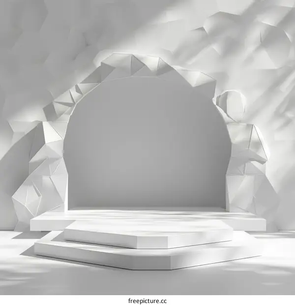 3D rendering of a white podium with a polygonal background