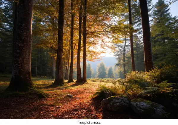 Autumn Forest Sunlight Through Trees