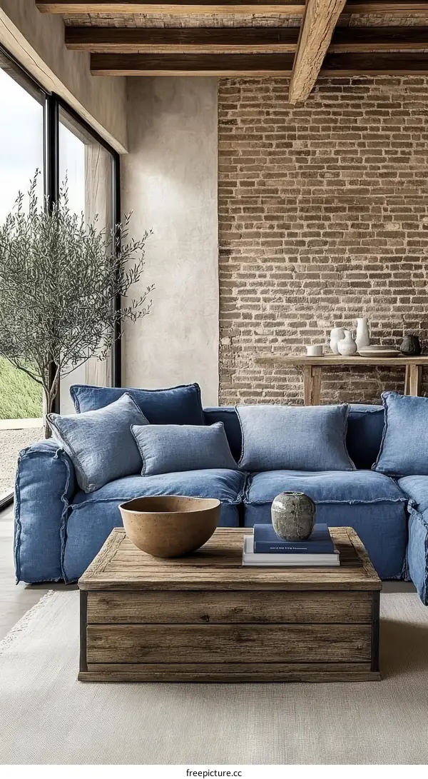 Rustic Living Room with Denim Sofa and Wooden Coffee Table