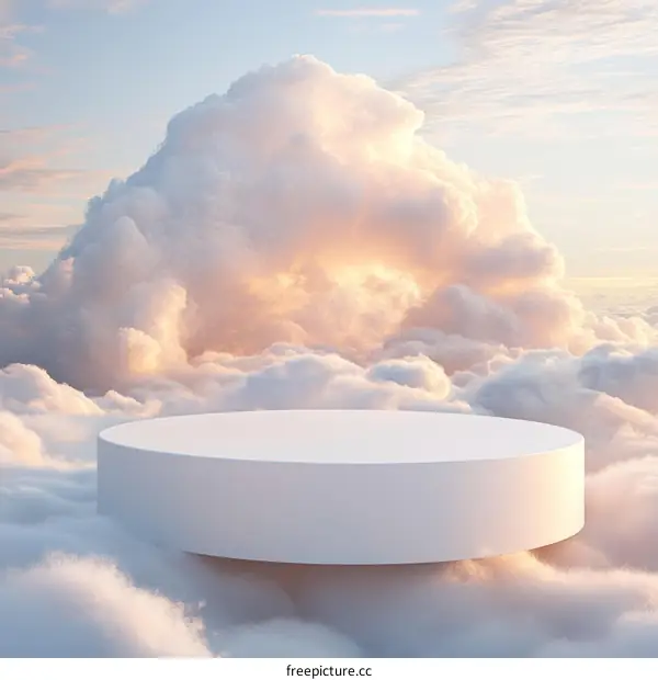 Floating White Platform Above Fluffy Clouds at Sunrise