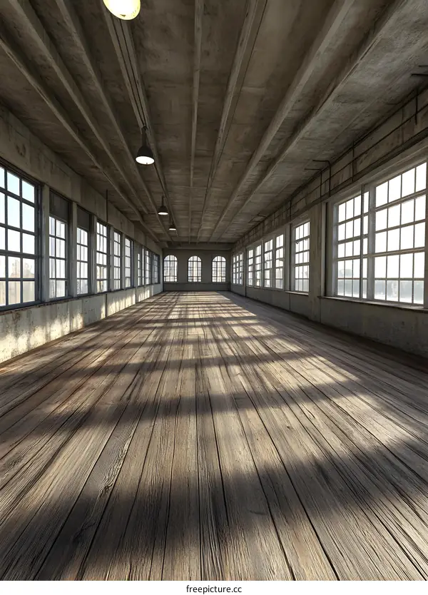 Empty Industrial Interior Space With Wooden Floor