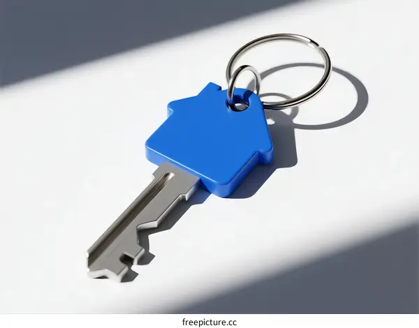 A blue house-shaped key with metallic blade on white background