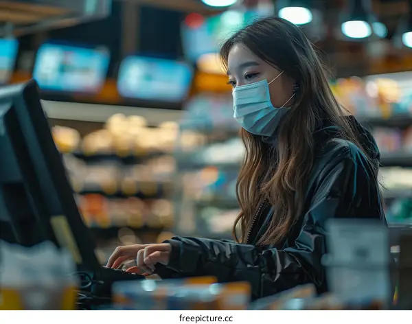 Asian woman wearing a mask working as a cashier in a supermarket