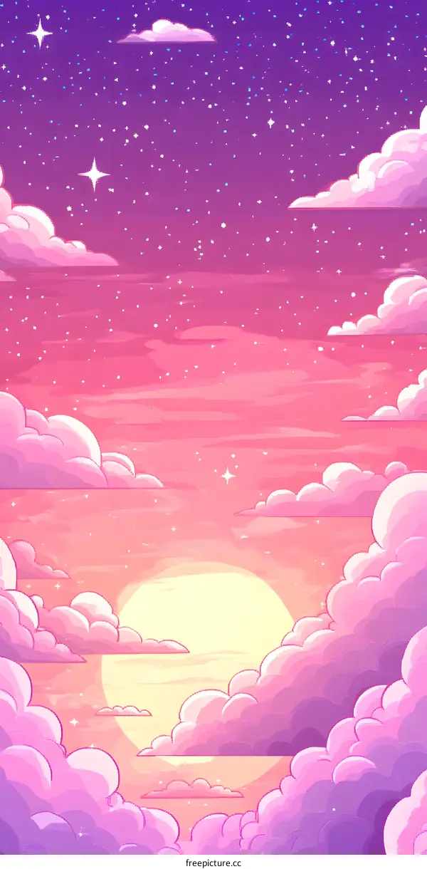 Pixel Art Illustration of a Pink Sunset with Stars and Clouds