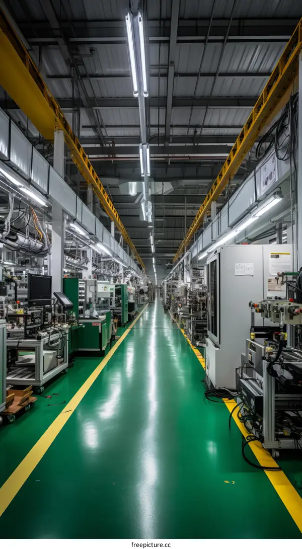 Empty Factory Production Line with Yellow Safety Line