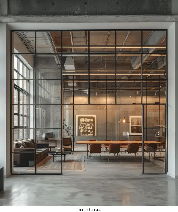 Modern office interior with glass walls and a conference table