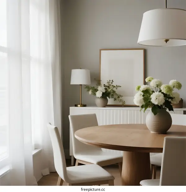 Modern round dining table with white chairs and fresh flowers in a room