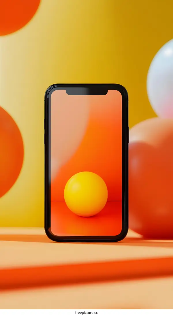 Black Smartphone with Yellow Sphere on Screen in Front of Orange and Yellow Background
