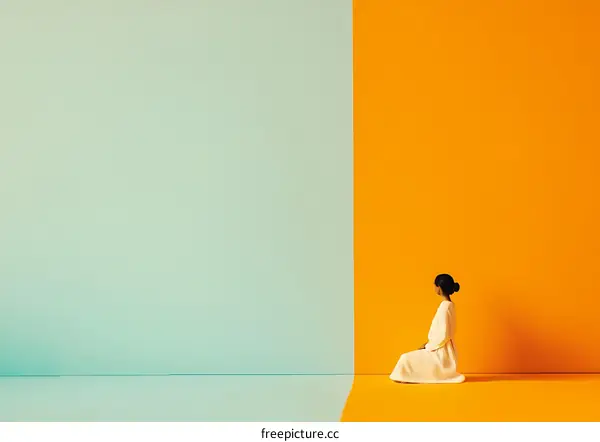 Woman in White Dress Sitting on a Yellow and Blue Background