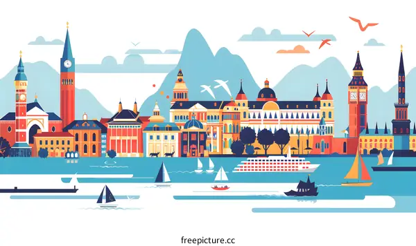 Colorful Illustration of European City Skyline