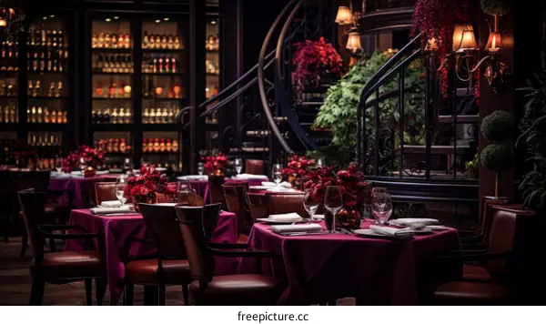 Elegant restaurant with spiral staircase and red floral arrangements