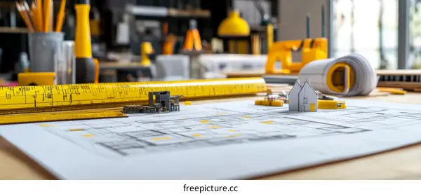 Architectural Design Blueprint with Miniature Houses