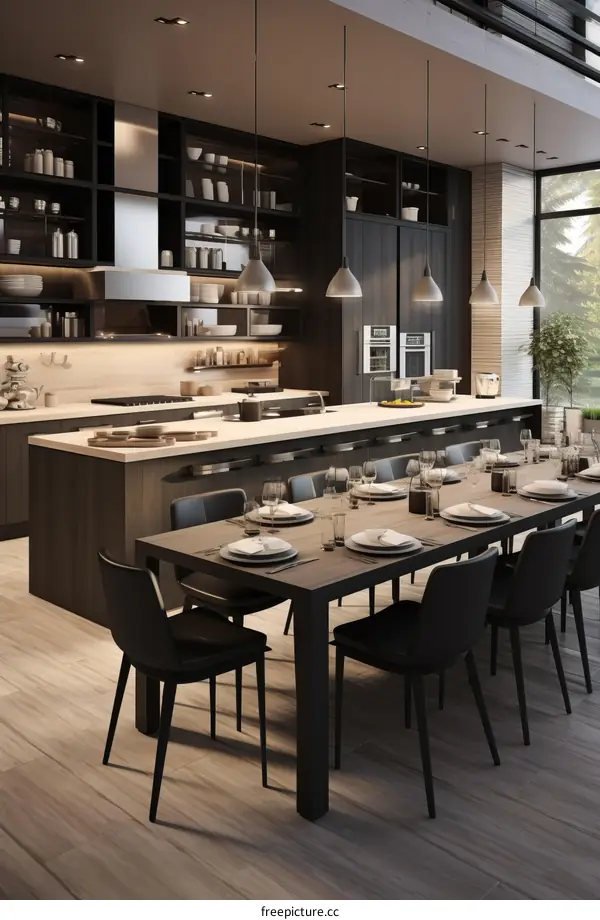 Black and wooden modern kitchen with island and dining table