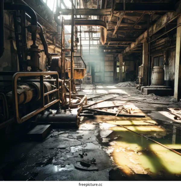 Desolate and eerie factory building with broken windows and rusted equipment