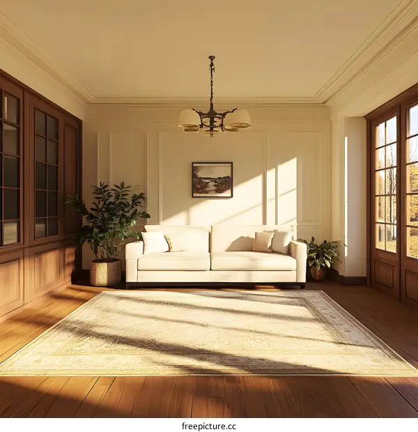 Sunlight Streaming Through Windows in Living Room with White Sofa and Brown Wooden Floor