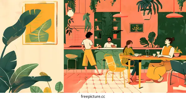 Indoor Cafe Illustration with Four People and Plants