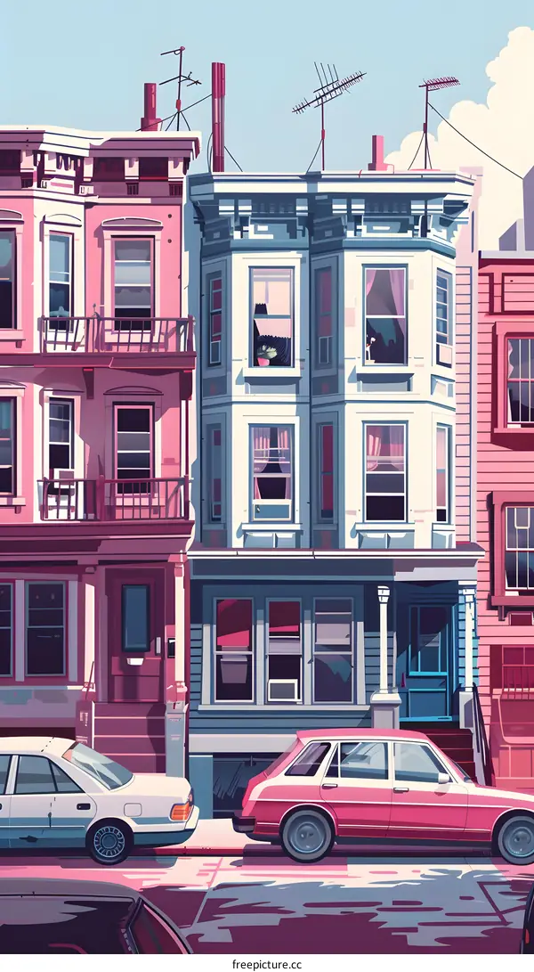 Colorful Illustration of Row Houses with Cars