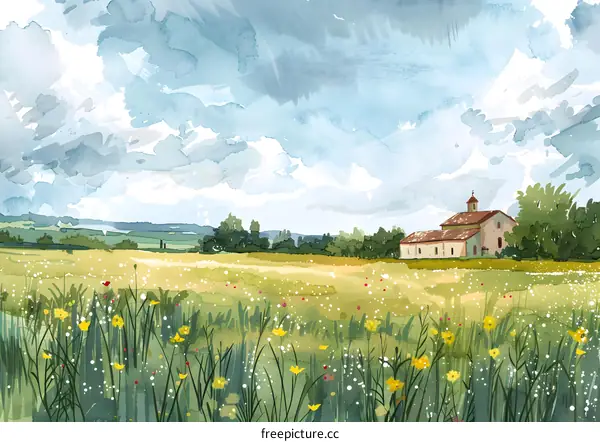 Watercolor Painting of a Church in a Field of Flowers