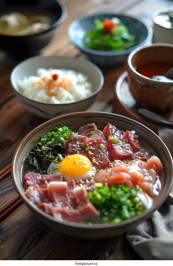 A delicious bowl of gyudon with rice and other side dishes