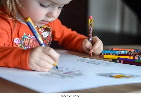 Little Girl Drawing with Crayons on White Paper
