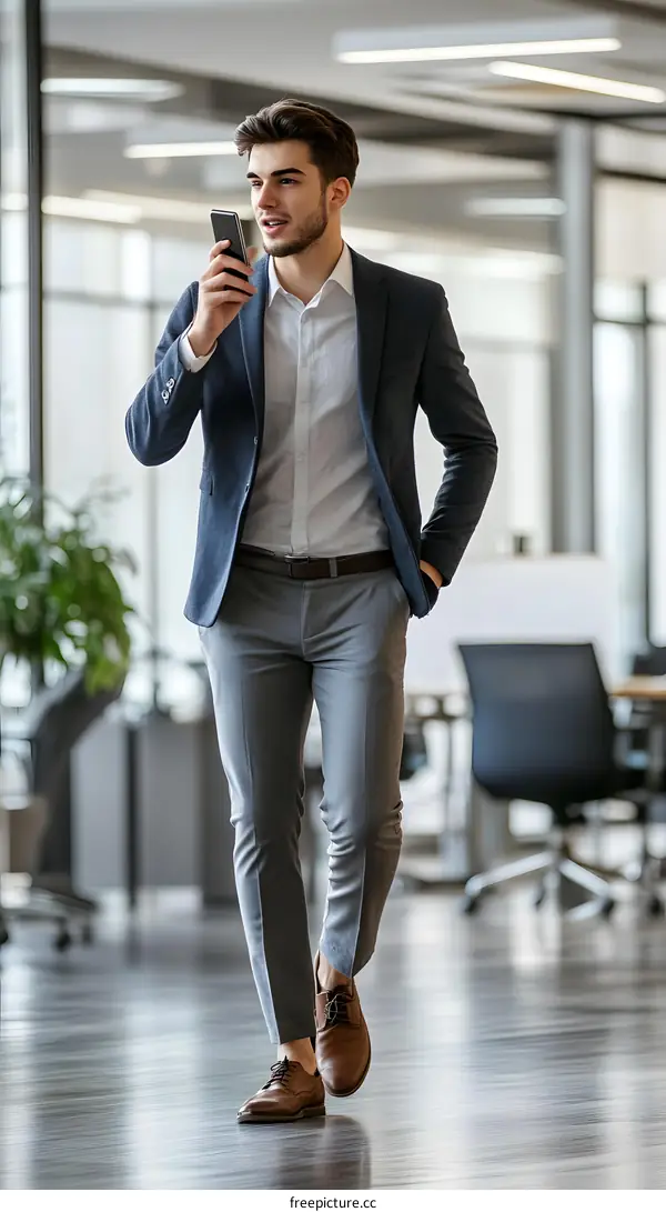 Young Businessman Using Smartphone While Walking In Office