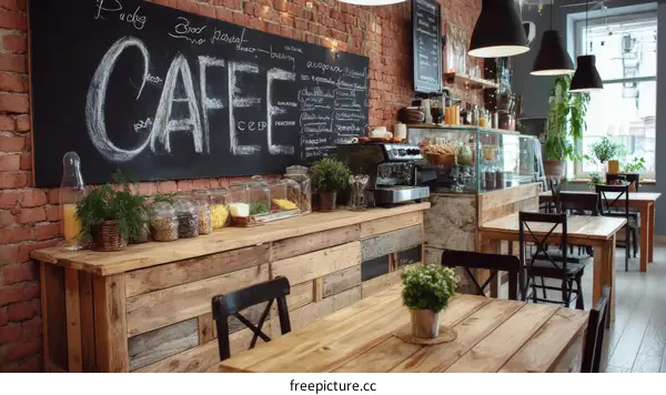 Rustic Wooden Cafe Interior with Chalkboard Menu