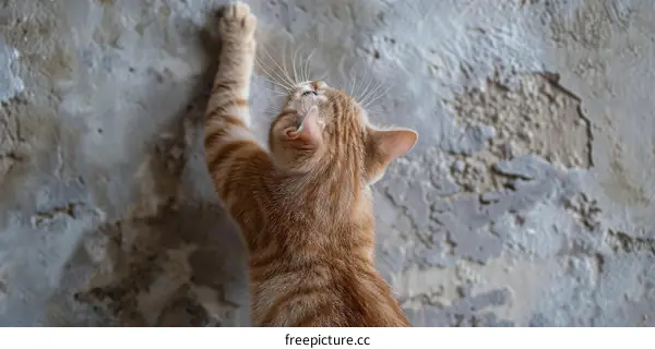 A ginger cat is climbing up a concrete wall