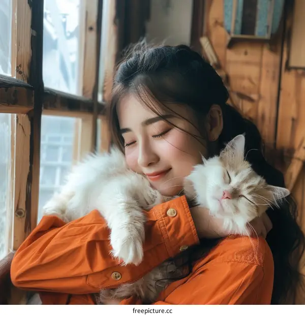 A young woman is hugging a white cat by the window