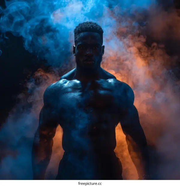 Portrait of a muscular African-American man standing in a cloud of smoke