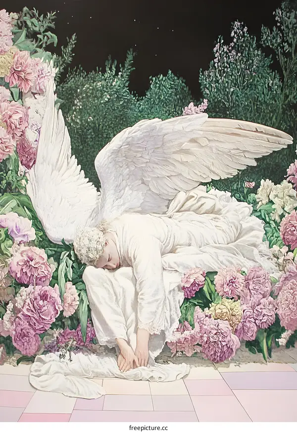Angel Sleeping in a Garden with Flowers and Night Sky