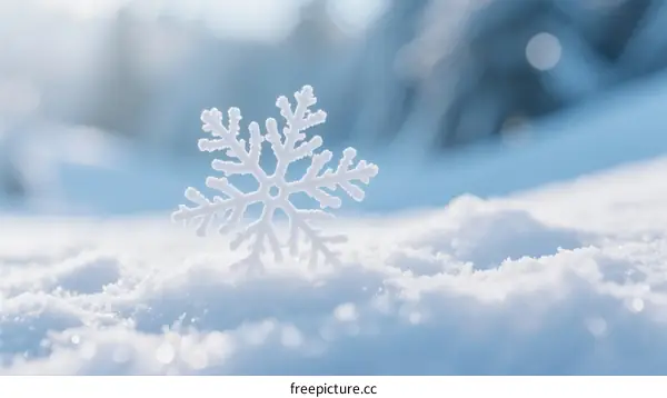A close-up view of a delicate white snowflake on a snowy surface