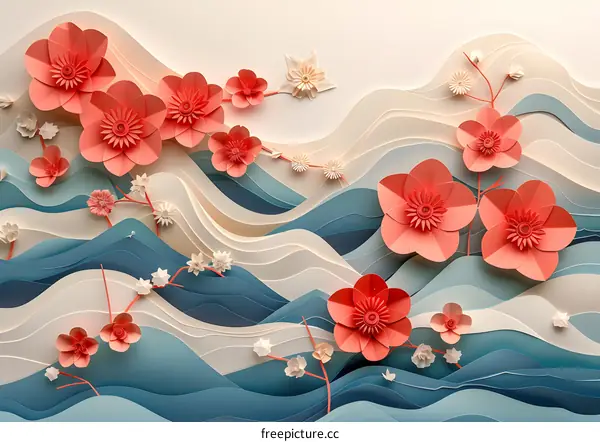 Pink paper flowers and branches with white and blue background