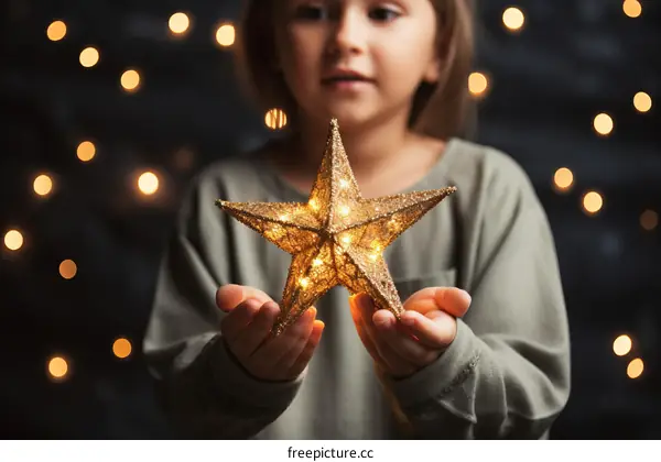 Little girl holding a glowing star in her hands