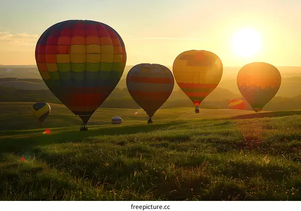 Colorful Hot Air Balloons Soaring Over Grassy Field At Sunset
