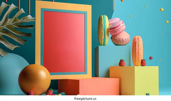 Abstract 3D Design With Macarons and Raspberries