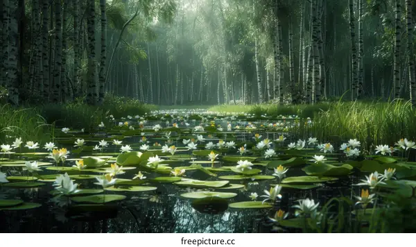 The sun shines through the birch forest and illuminates the white water lilies in the pond