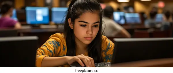 Young Woman Working on a Laptop in a Computer Lab