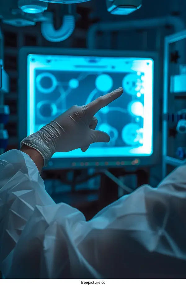 Surgeon in gloves pointing at a medical screen