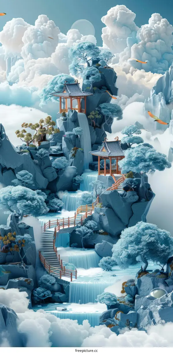 Surreal landscape with floating islands and waterfalls