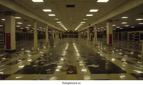 Abandoned Store Interior With Trash And Wet Floor